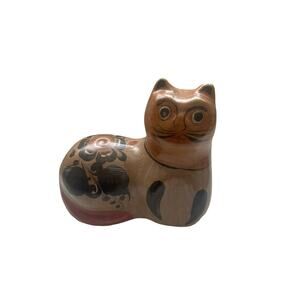 Vintage Tonala Mexican Pottery Cat Art Figurine Statue 7.5 X 7‎ coral orange